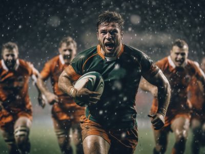 Rugby sportsman players with ball in action on stadium under lights. Emotional team under rain, splash drops.